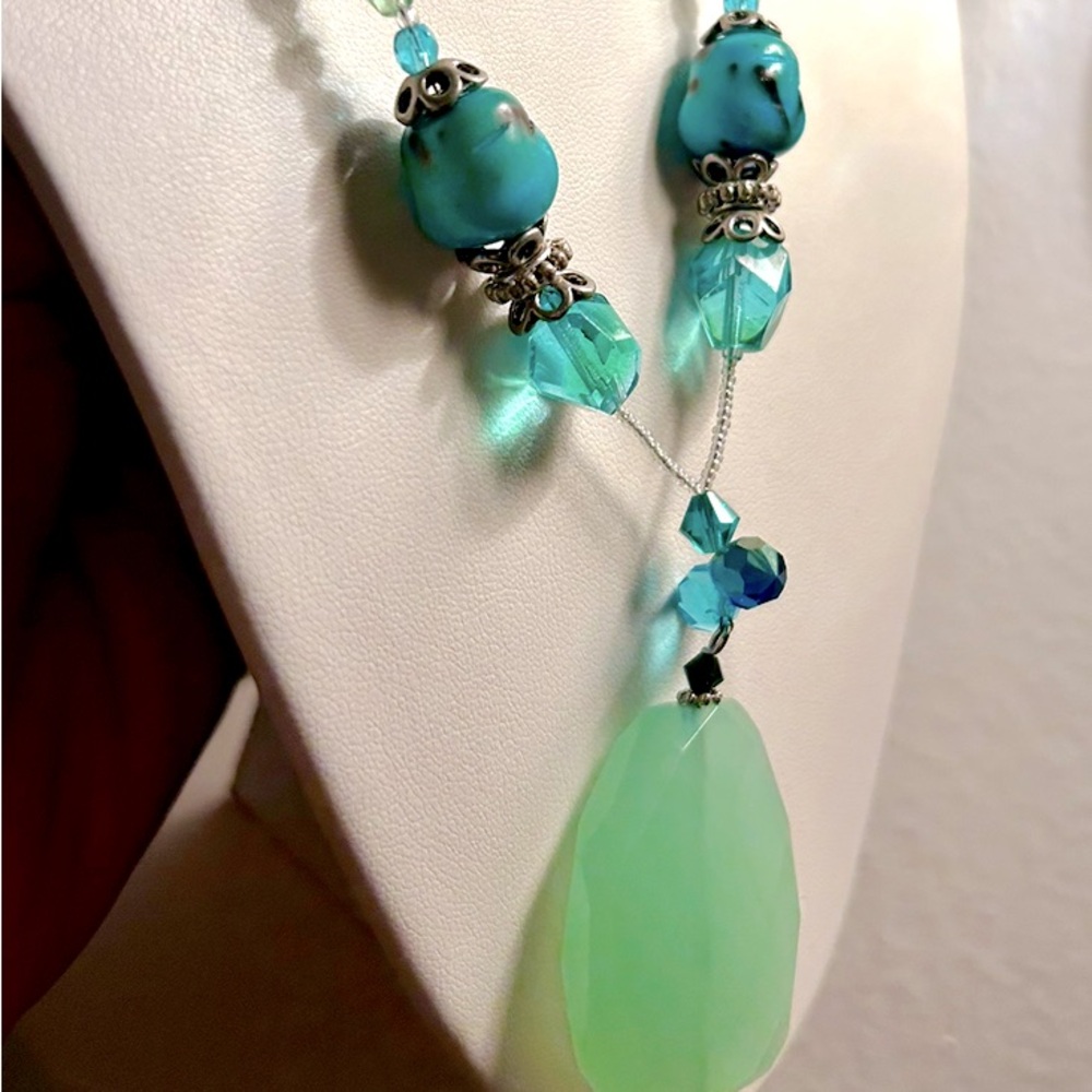 Statement Gem Necklace Teal Stones Silver Chain Lobster Claw 18 inch